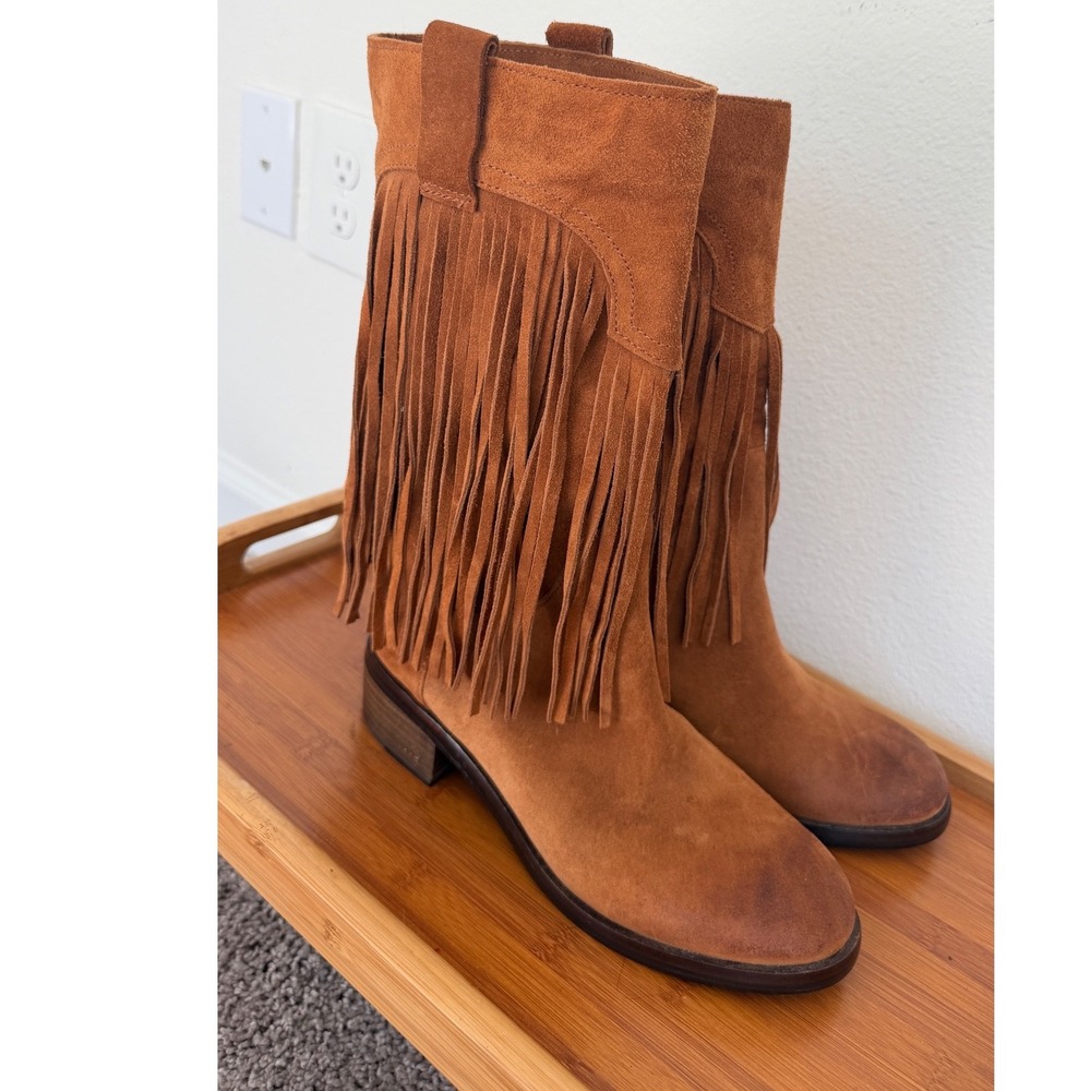 Lucky Brand Brown Suede Fringe Western Boots Womens 8M Cognac Boho Pull On - Picture 13 of 16